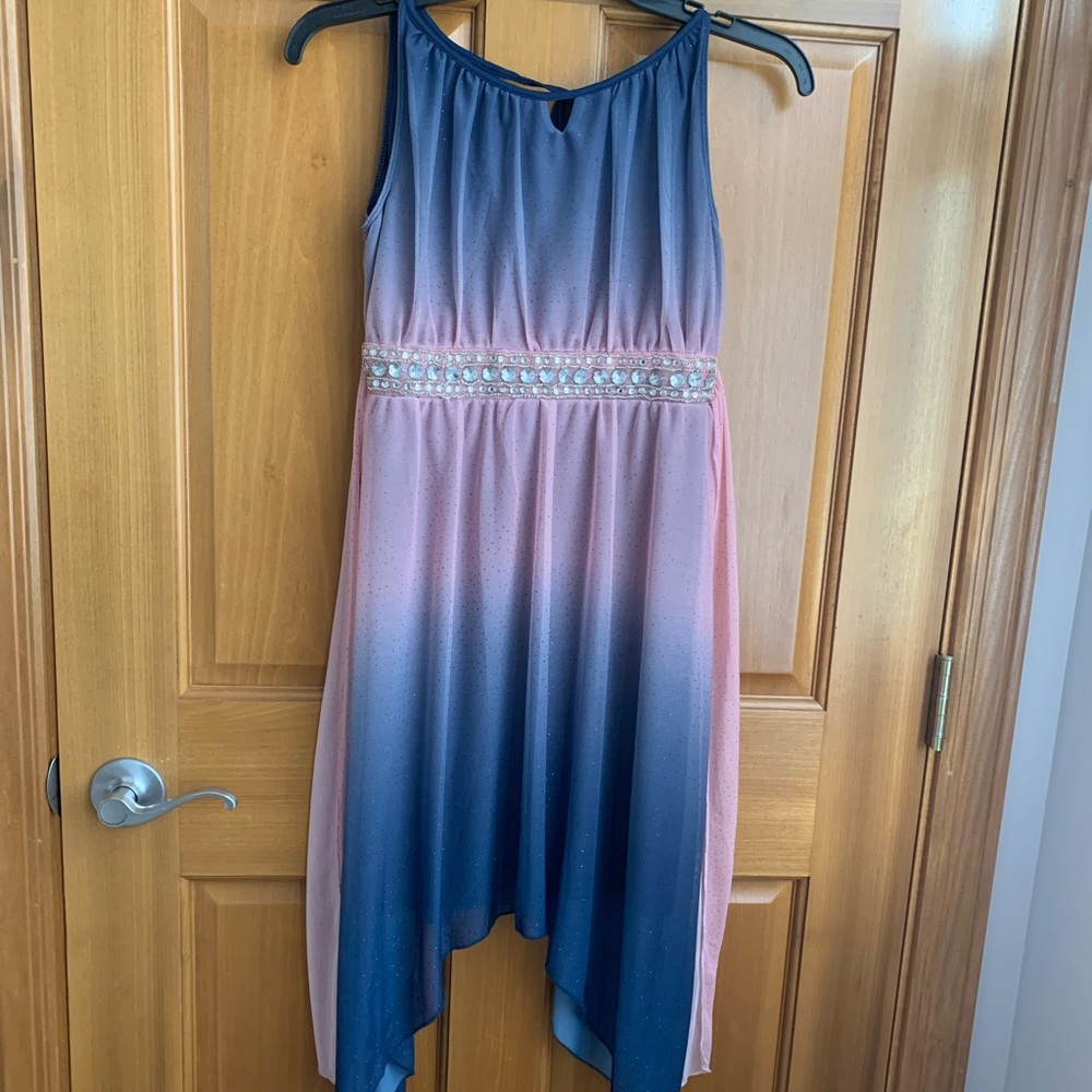 Flowly pink and blue formal dress.